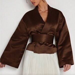 Brown thick satin wrap belted kimono cardigan jacket with hook closure belt